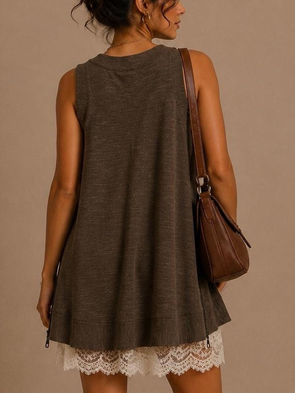 Free People Sleeveless Tunic Dress XS Brown Boho Lagenlook Pocket Knit - Picture 2 of 5